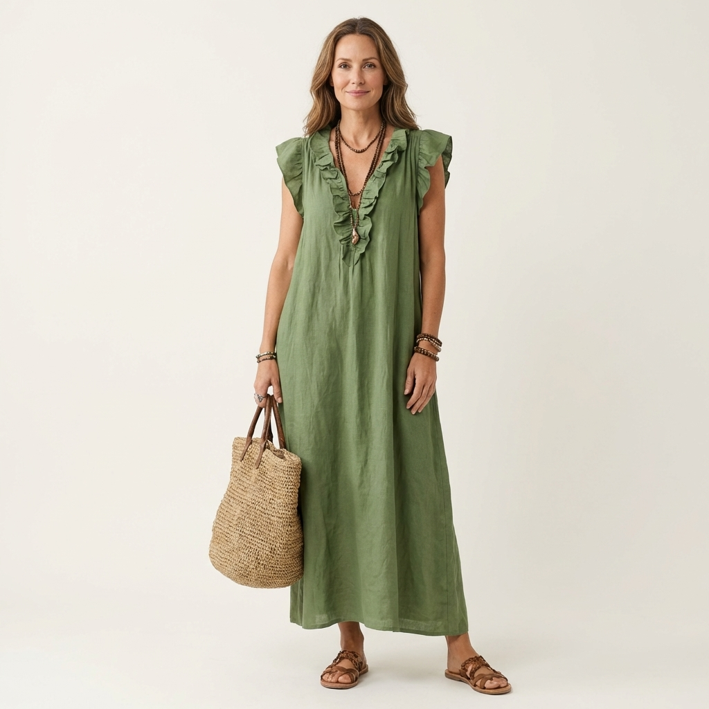 Lisette | Ruffle V-Neck Linen Maxi Dress