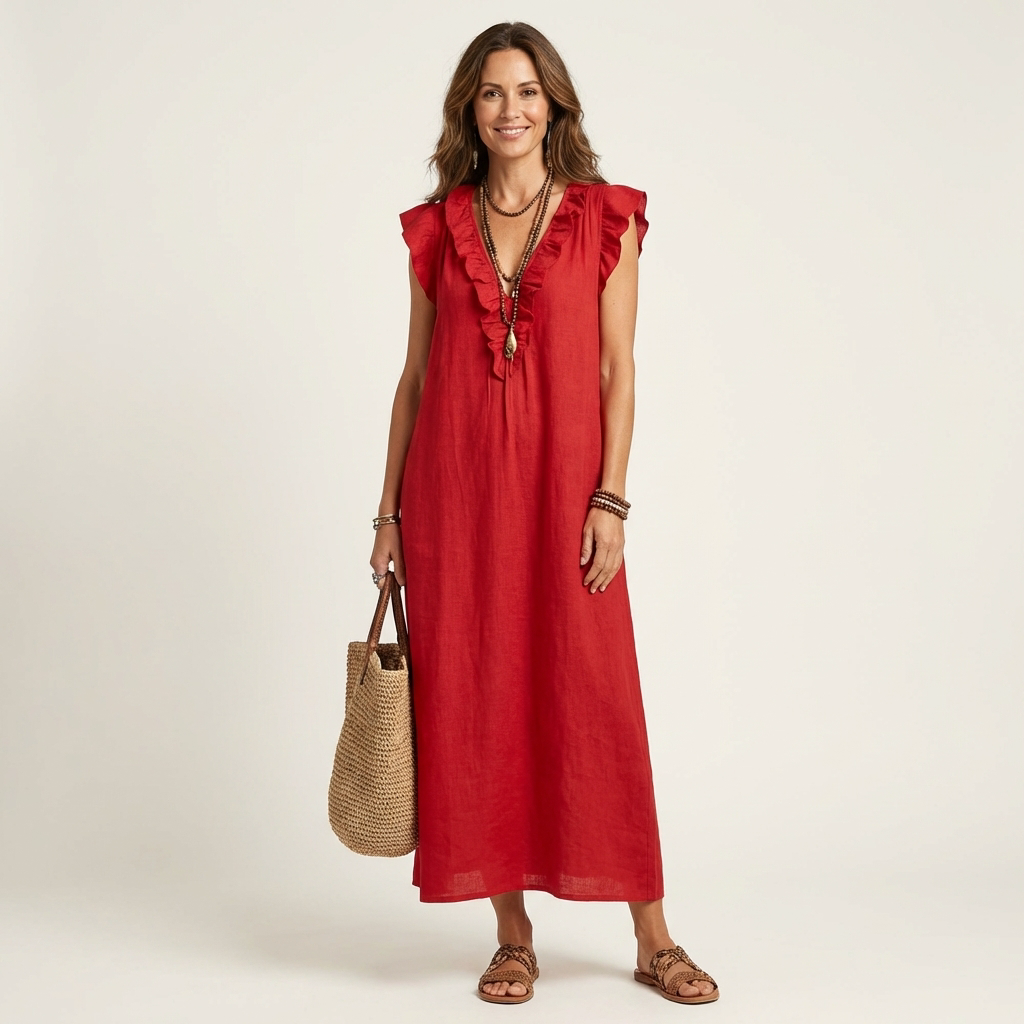 Lisette | Ruffle V-Neck Linen Maxi Dress