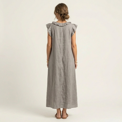 Lisette | Ruffle V-Neck Linen Maxi Dress