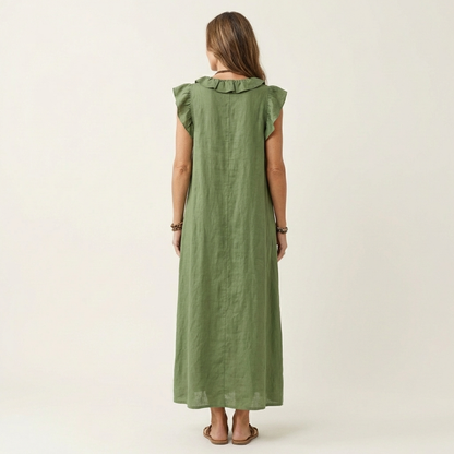 Lisette | Ruffle V-Neck Linen Maxi Dress