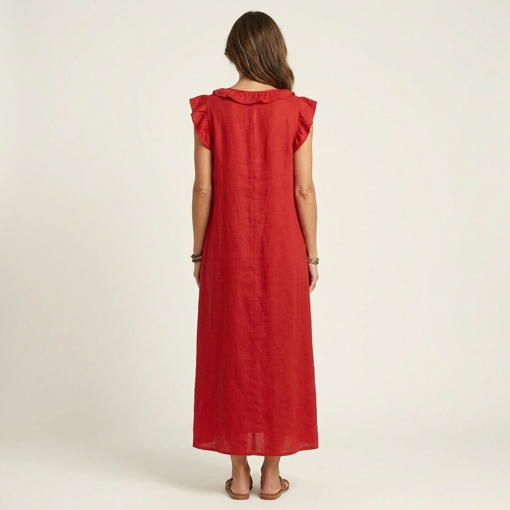 Lisette | Ruffle V-Neck Linen Maxi Dress