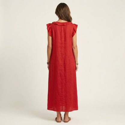 Lisette | Ruffle V-Neck Linen Maxi Dress