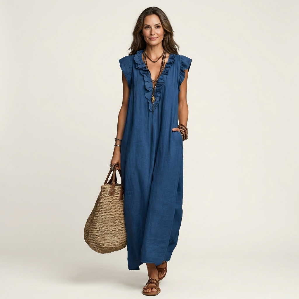 Lisette | Ruffle V-Neck Linen Maxi Dress