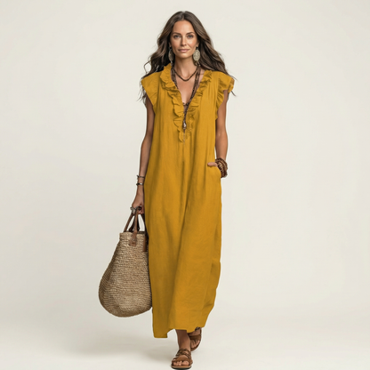 Lisette | Ruffle V-Neck Linen Maxi Dress