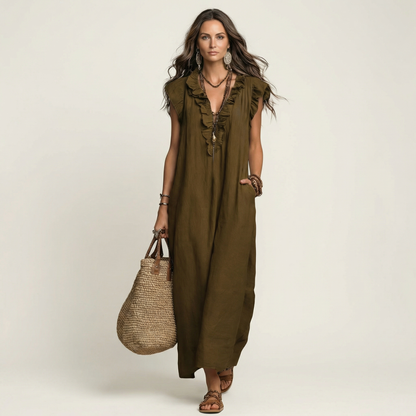 Lisette | Ruffle V-Neck Linen Maxi Dress