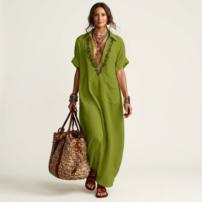 Amarina | Embroidered Linen Maxi Dress