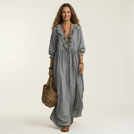 Yosetta | Striped Ruffle V-Neck Maxi Dress