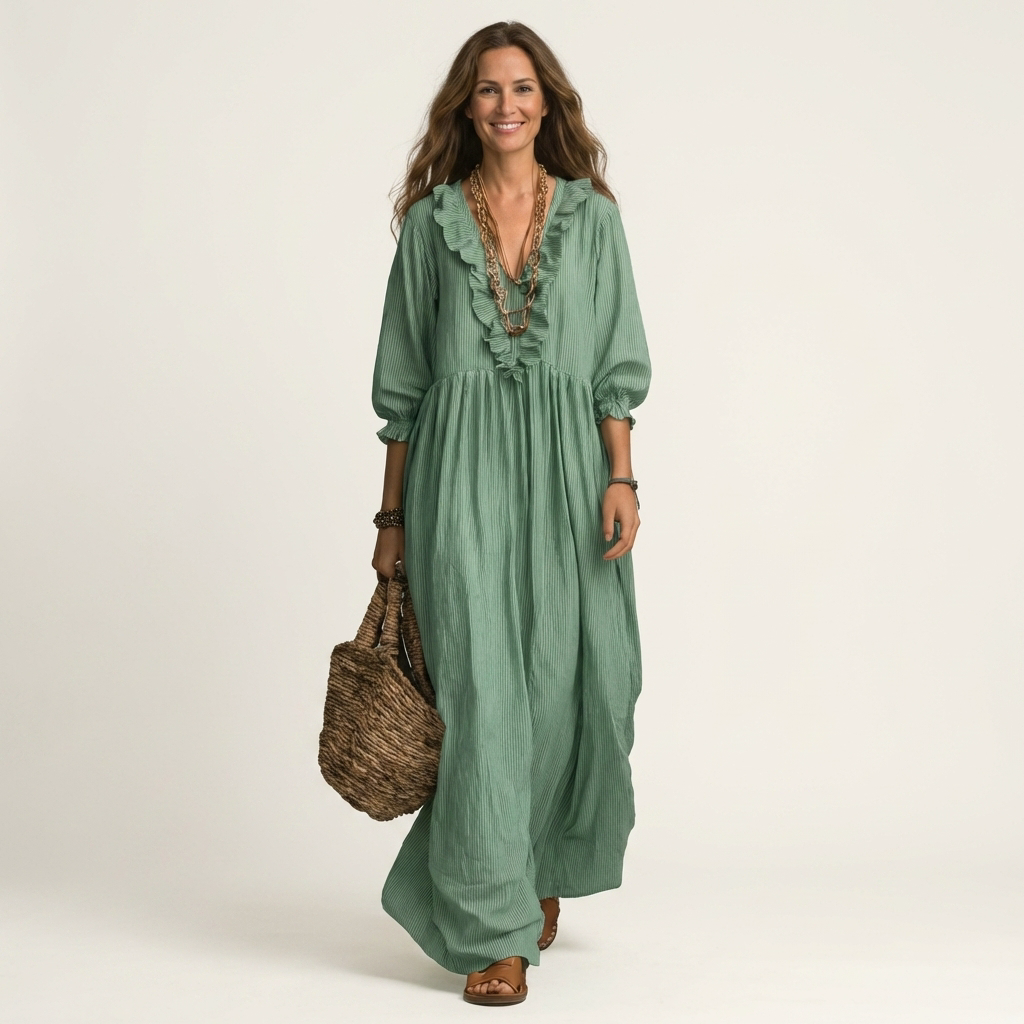 Yosetta | Striped Ruffle V-Neck Maxi Dress