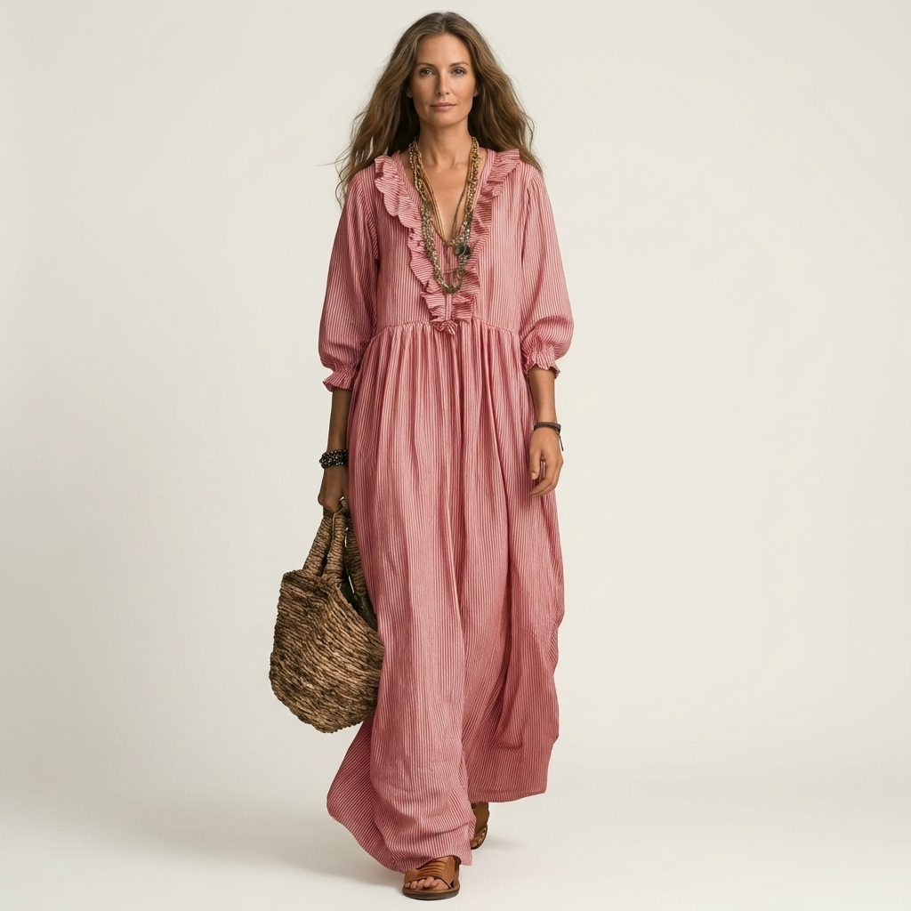 Yosetta | Striped Ruffle V-Neck Maxi Dress