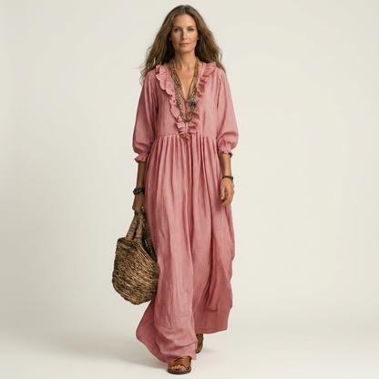 Yosetta | Striped Ruffle V-Neck Maxi Dress