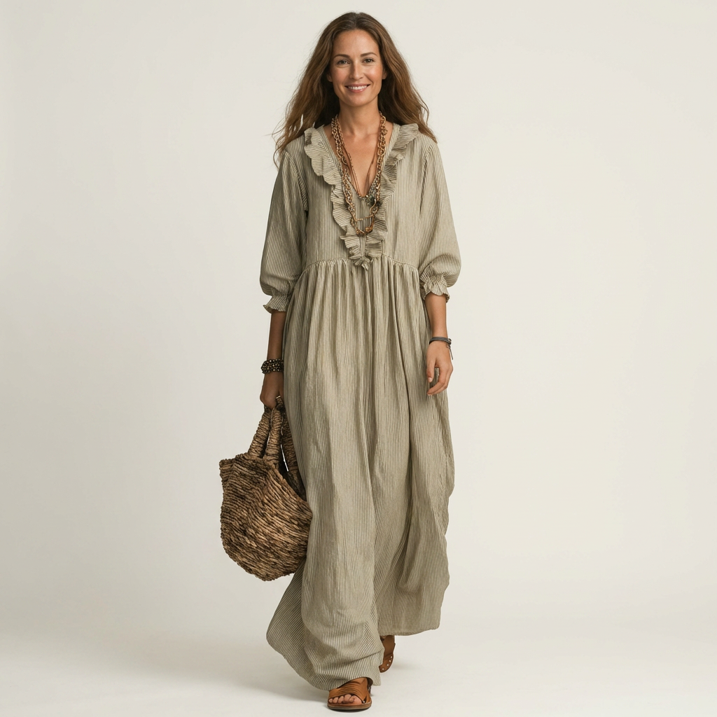 Yosetta | Striped Ruffle V-Neck Maxi Dress