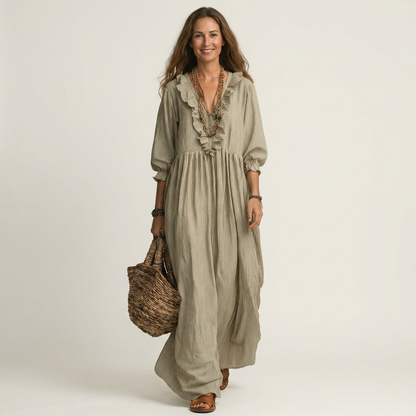 Yosetta | Striped Ruffle V-Neck Maxi Dress