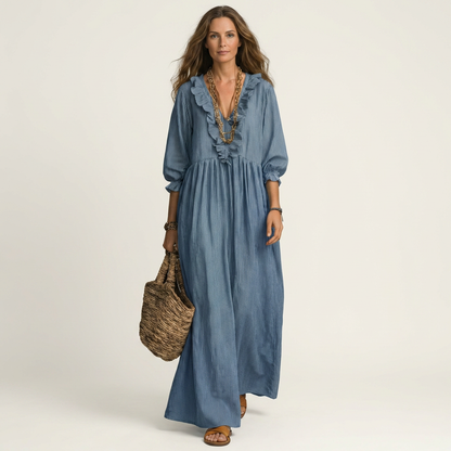 Yosetta | Striped Ruffle V-Neck Maxi Dress