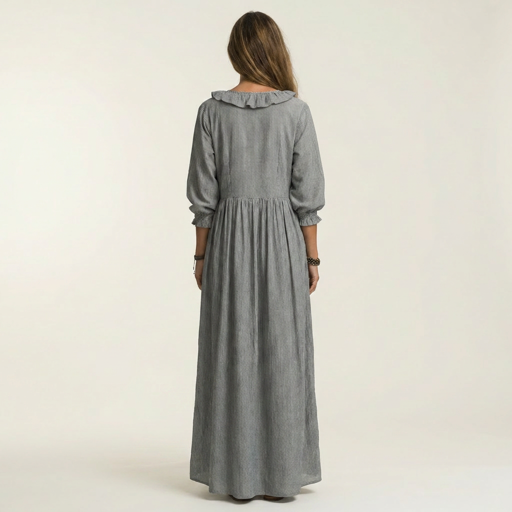 Yosetta | Striped Ruffle V-Neck Maxi Dress