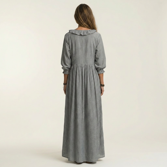 Yosetta | Striped Ruffle V-Neck Maxi Dress