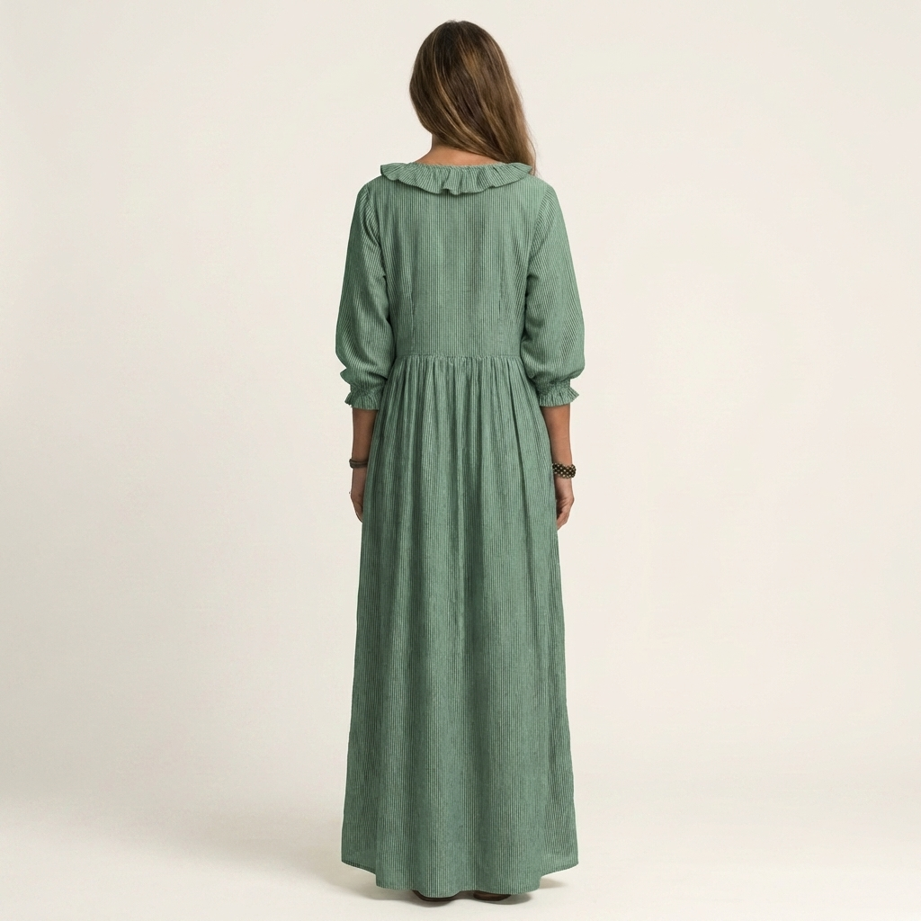 Yosetta | Striped Ruffle V-Neck Maxi Dress