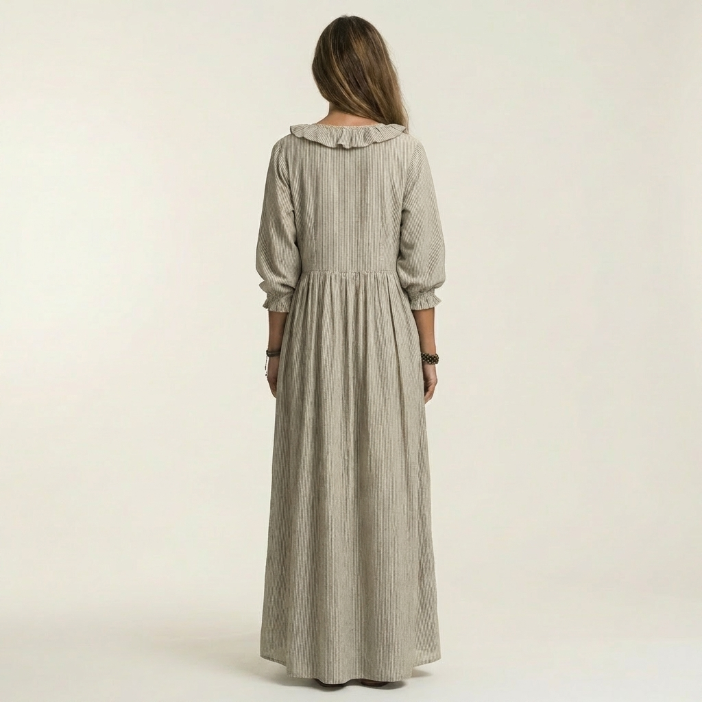Yosetta | Striped Ruffle V-Neck Maxi Dress