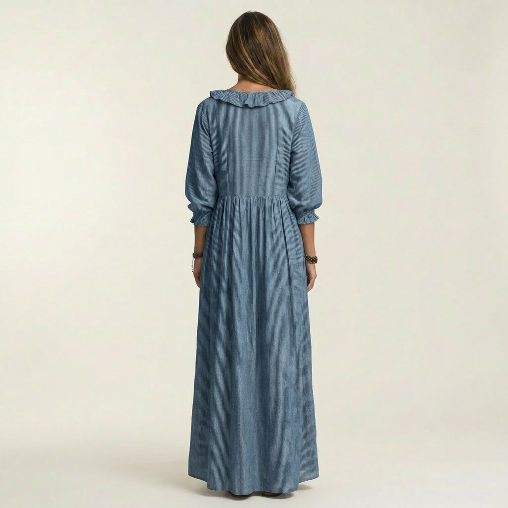 Yosetta | Striped Ruffle V-Neck Maxi Dress