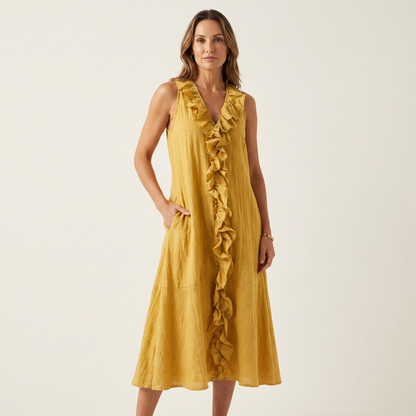 Vicky | Ruffle-Front Linen Maxi Dress