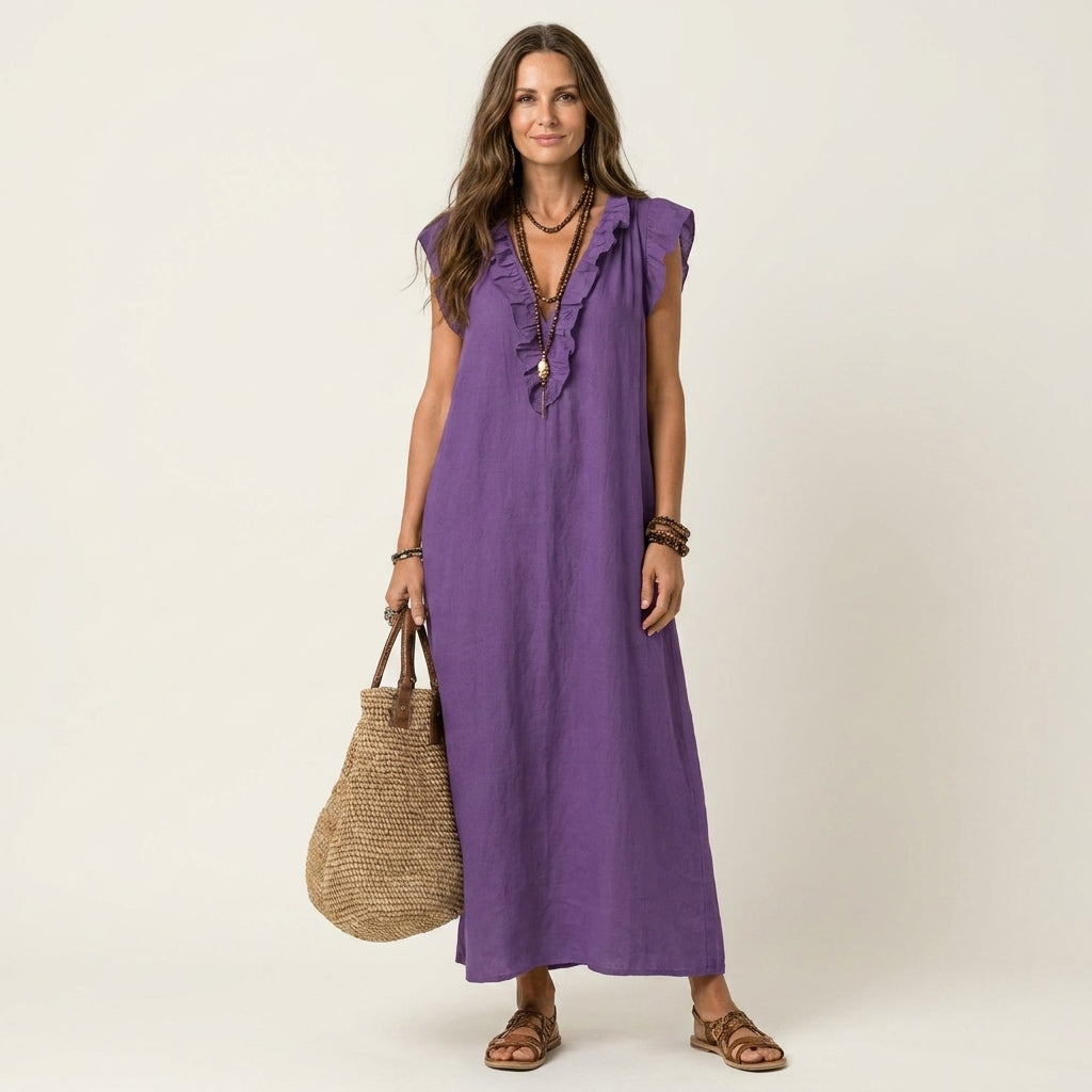 Lisette | Ruffle V-Neck Linen Maxi Dress