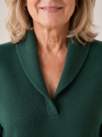 Close view of the ribbed shawl collar and soft knit texture on the Greta sweater