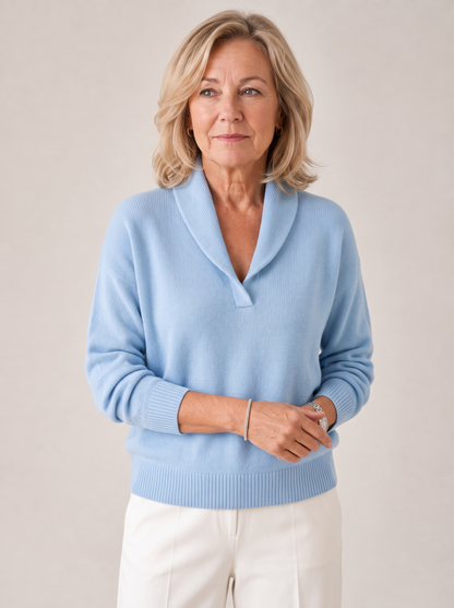 Greta shawl collar sweater in light blue, worn front view