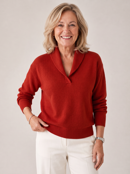 Greta shawl collar sweater in red, worn front view