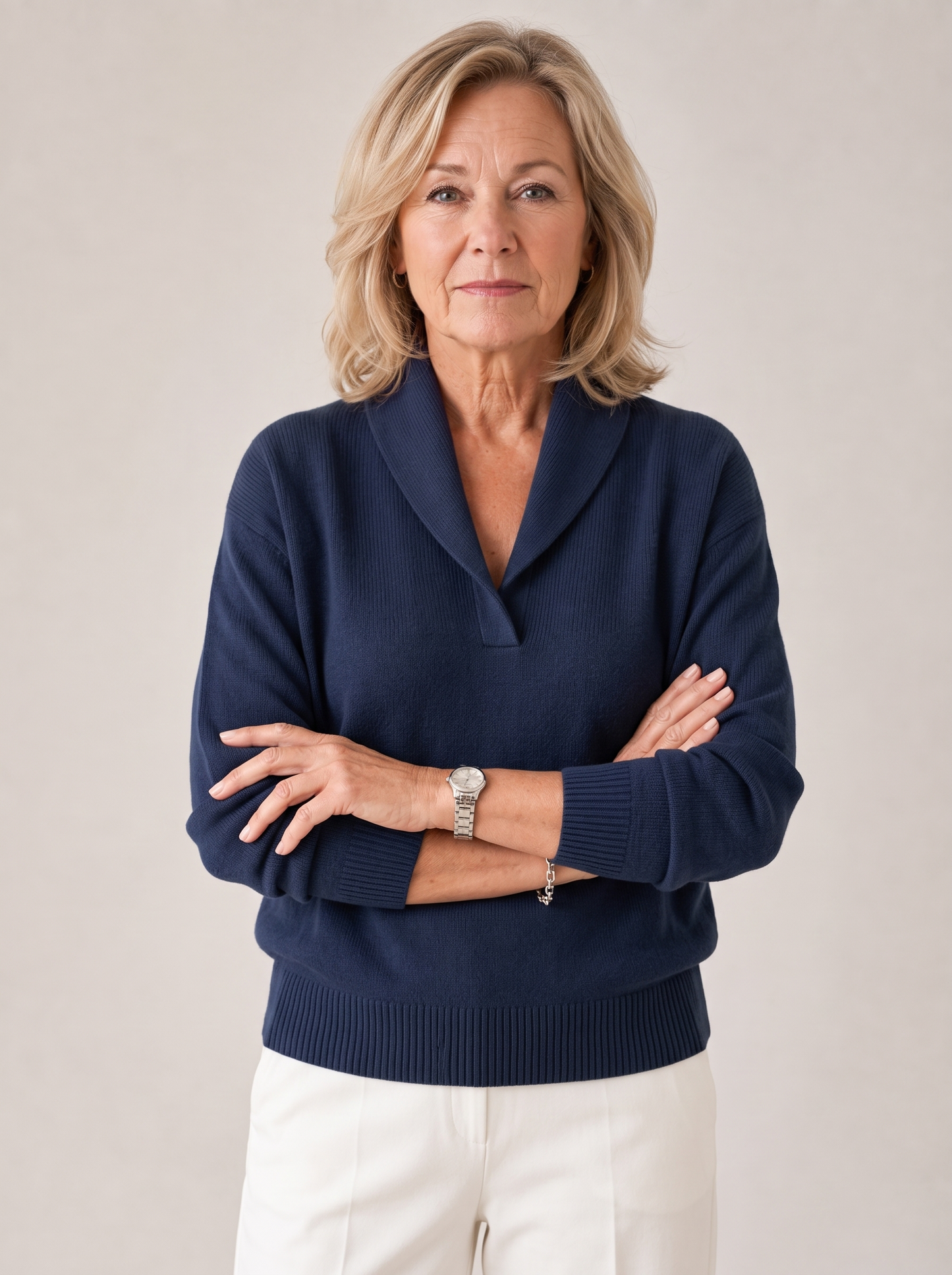Greta shawl collar sweater in navy, worn front view