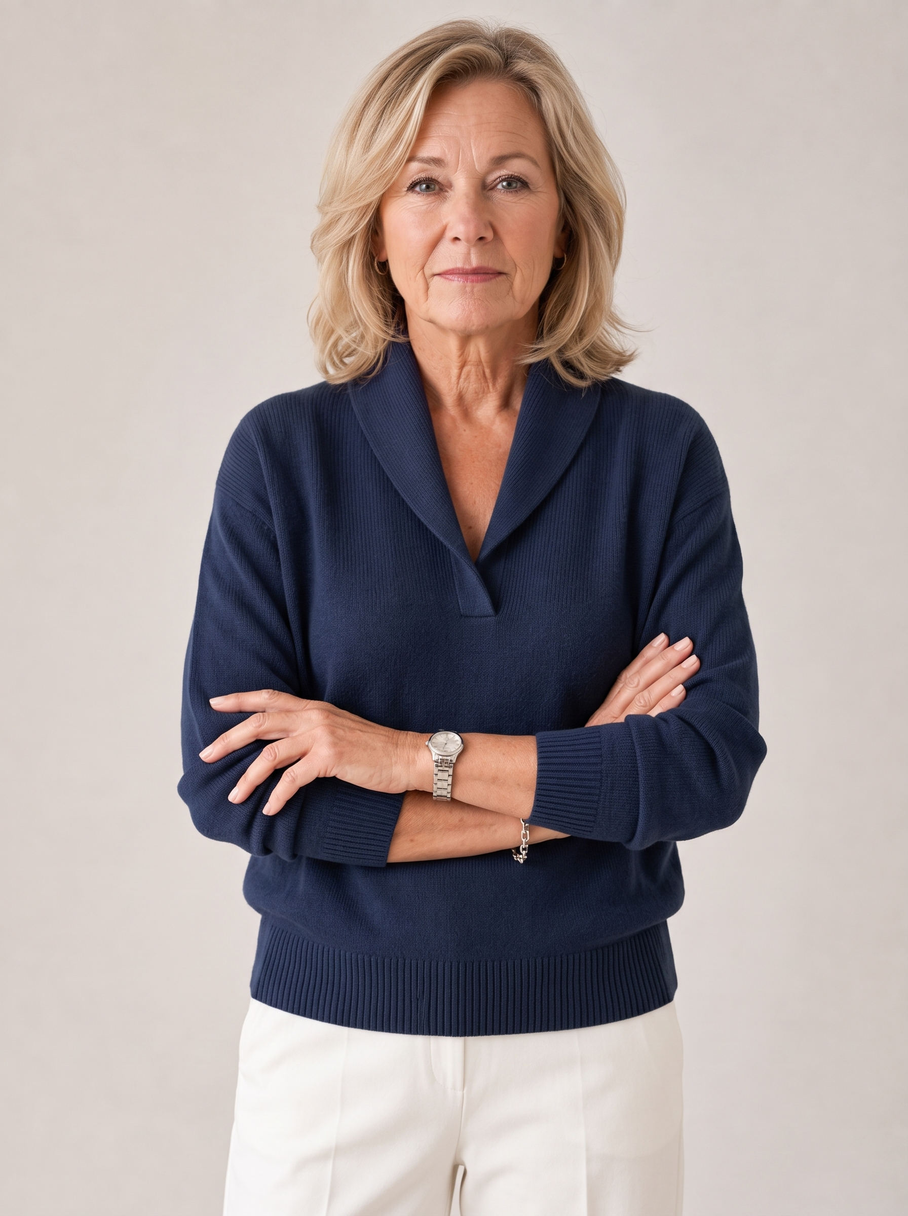 Greta shawl collar sweater in navy, worn front view
