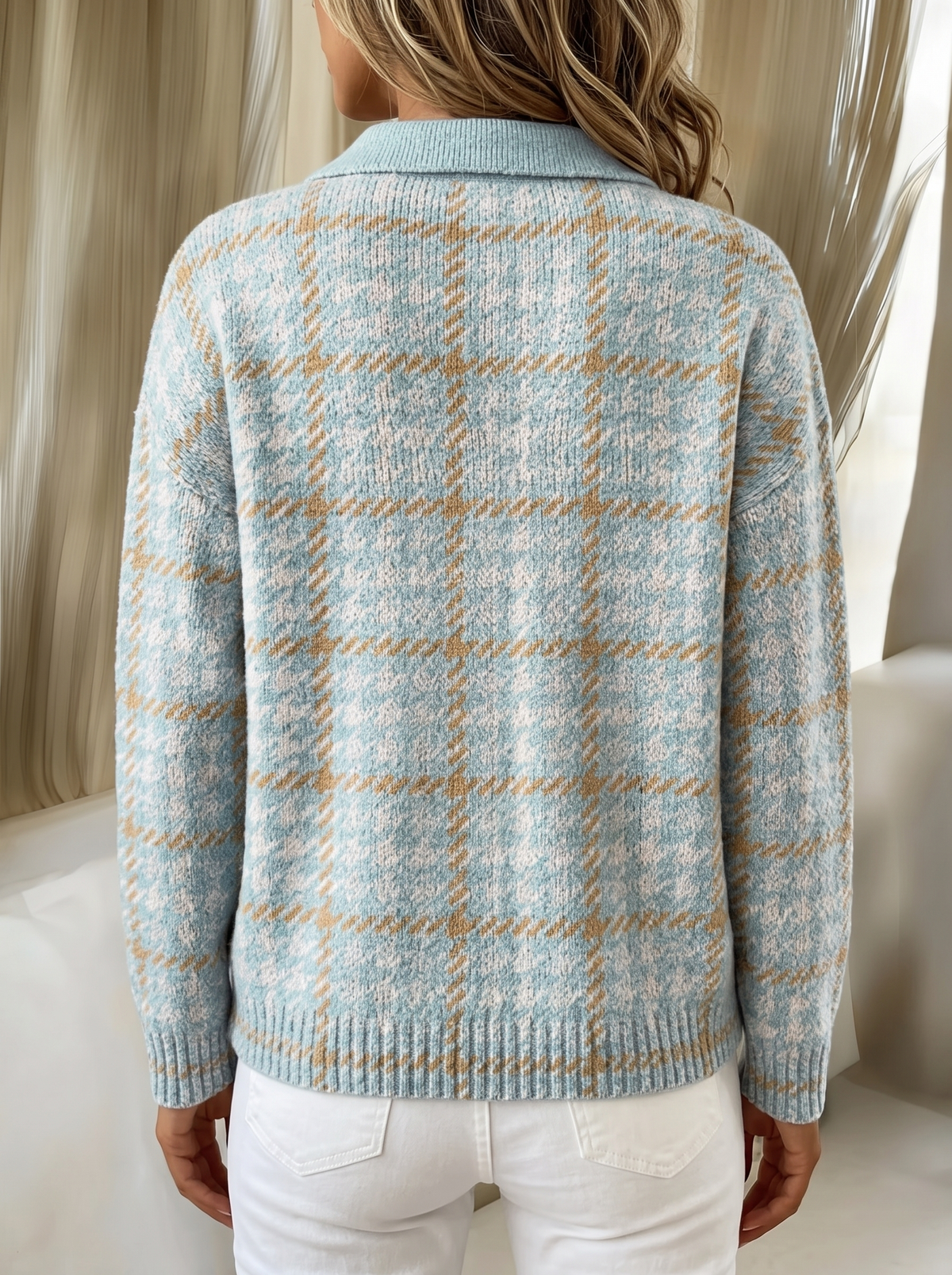 Nettie | Sky Plaid Button-Front Knit Cardigan