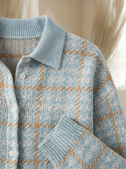 Nettie | Sky Plaid Button-Front Knit Cardigan