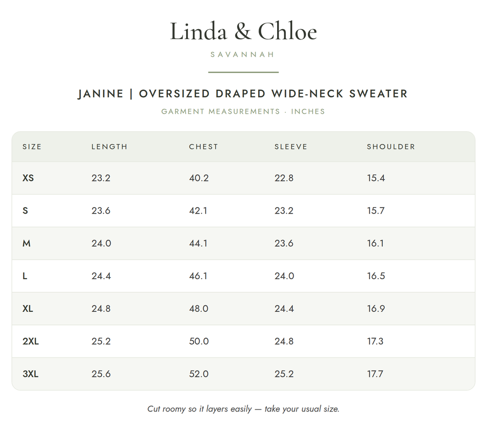 Janine | Oversized Draped Wide-Neck Sweater Size Chart