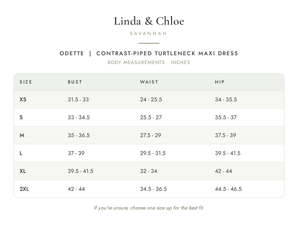 Odette | Contrast-Piped Turtleneck Maxi Dress Size Chart