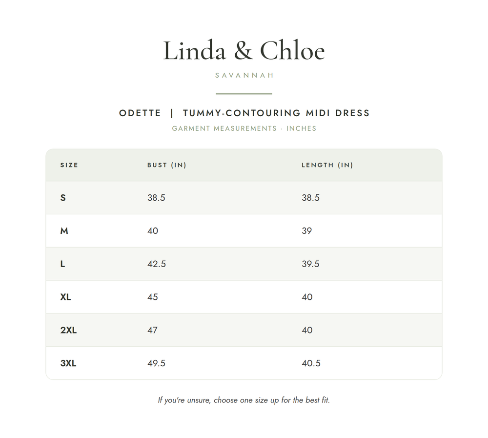 Odette | Tummy-Contouring Midi Dress Size Chart