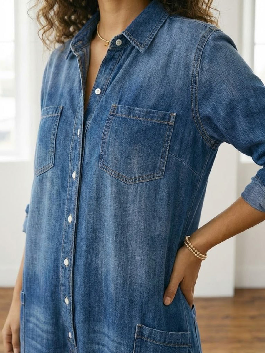 Willow | Vintage Washed Soft Cotton Denim Jumpsuit with Button Closure