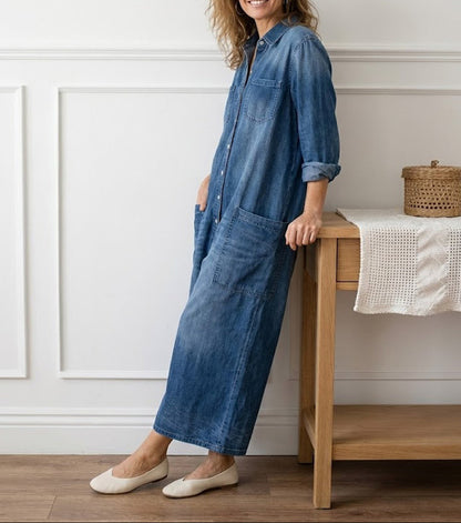Willow | Vintage Washed Soft Cotton Denim Jumpsuit with Button Closure