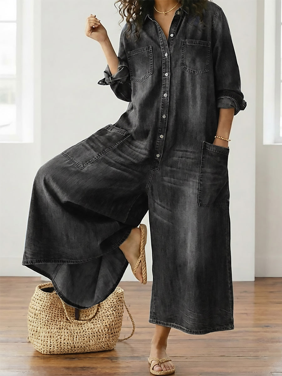 Willow | Vintage Washed Soft Cotton Denim Jumpsuit with Button Closure