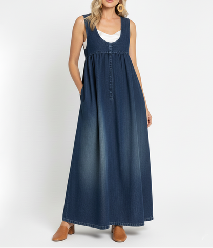Stella | Vintage Washed Soft Cotton Feel Denim Maxi Dress