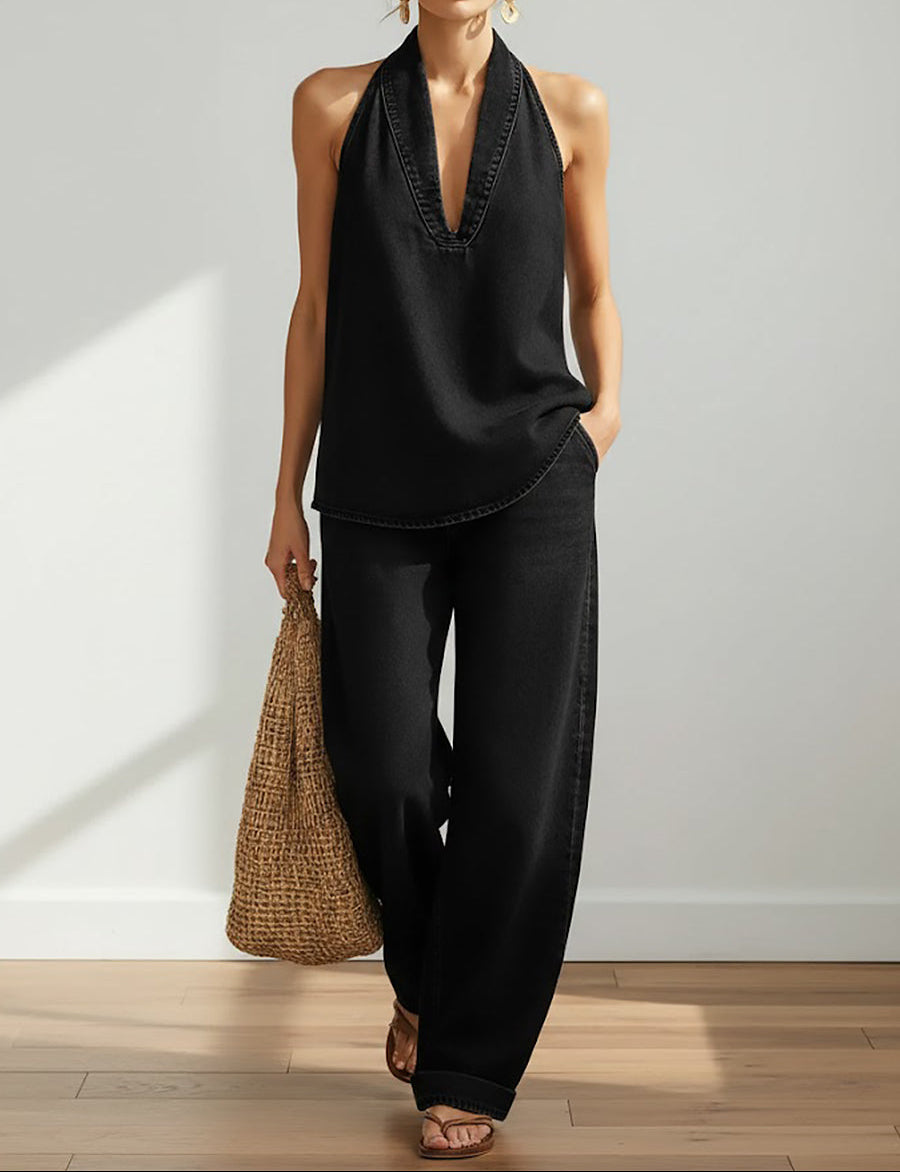 Rosie | Vintage Washed Soft Denim-Look Two-Piece Set