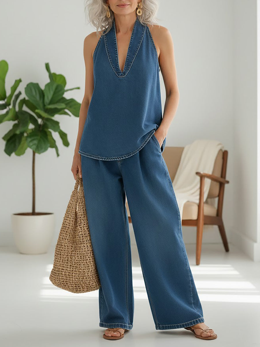 Rosie | Vintage Washed Soft Denim-Look Two-Piece Set