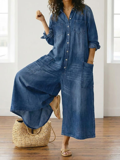 Willow | Vintage Washed Soft Cotton Denim Jumpsuit with Button Closure
