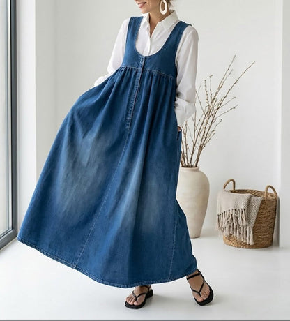 Stella | Vintage Washed Soft Cotton Feel Denim Maxi Dress
