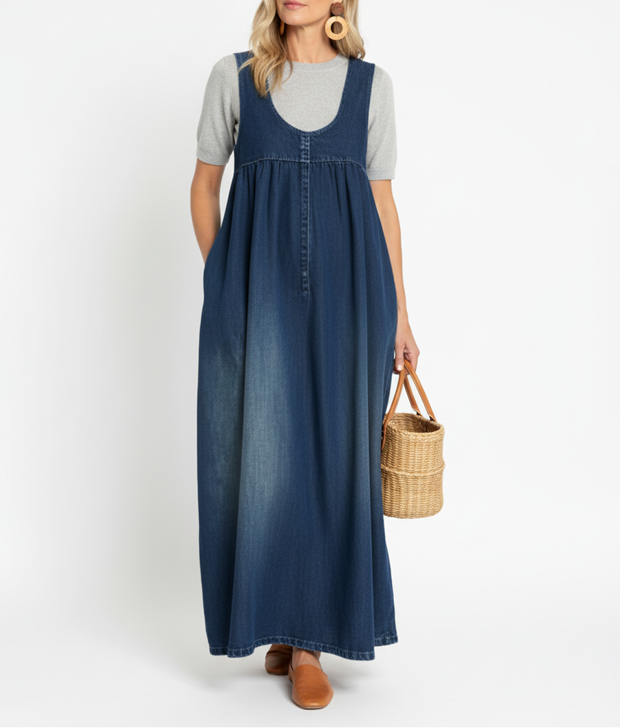 Stella | Vintage Washed Soft Cotton Feel Denim Maxi Dress
