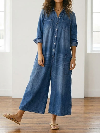 Willow | Vintage Washed Soft Cotton Denim Jumpsuit with Button Closure