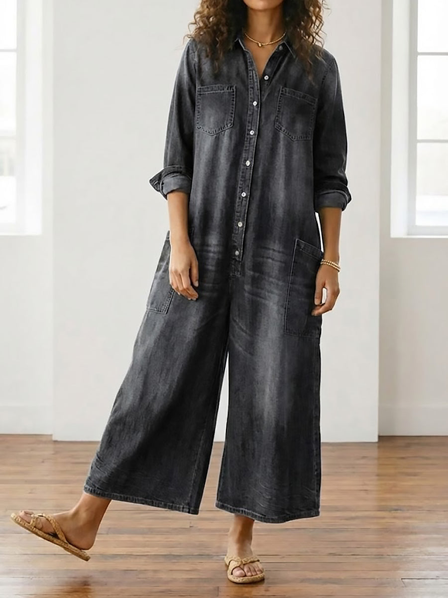 Willow | Vintage Washed Soft Cotton Denim Jumpsuit with Button Closure