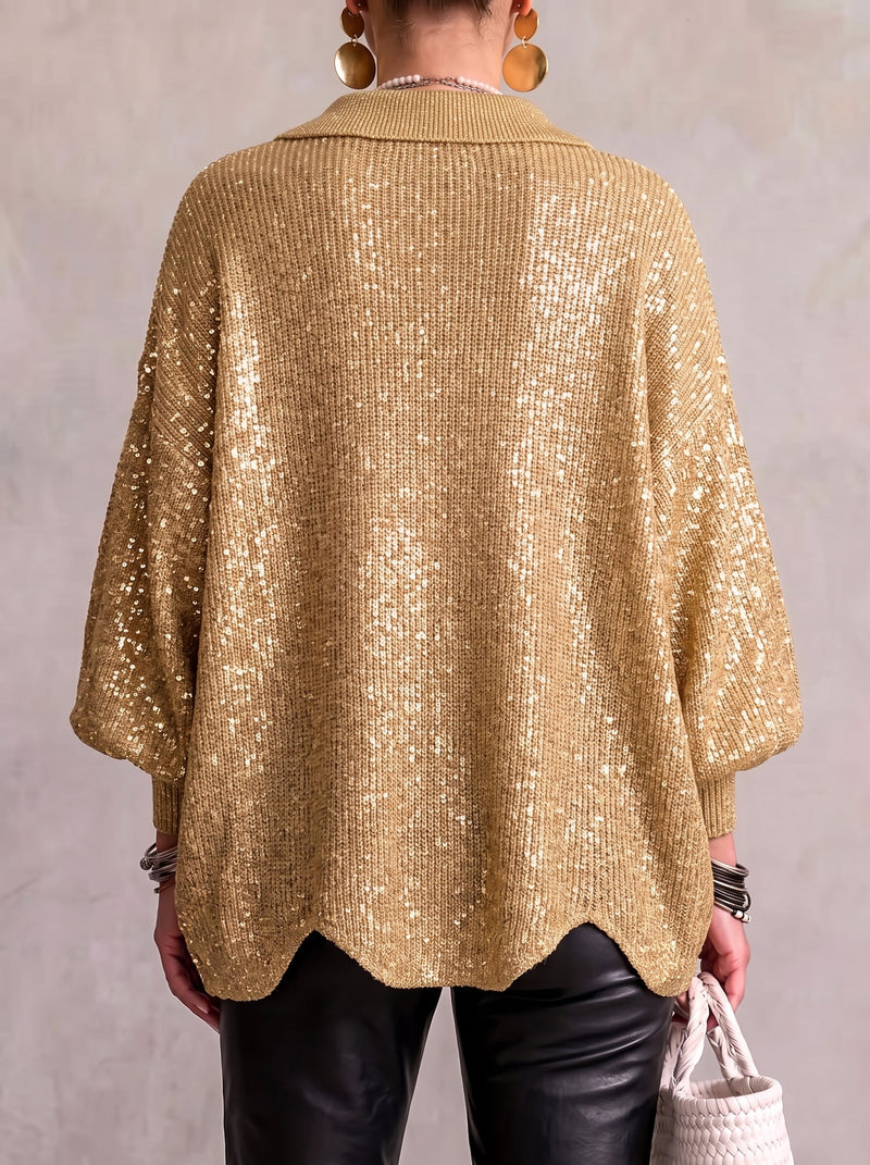 Woman wearing the oversized cardigan with lantern sleeves and ribbed cuffs