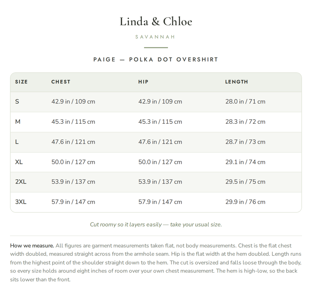 Paige | Polka Dot Overshirt Size Chart