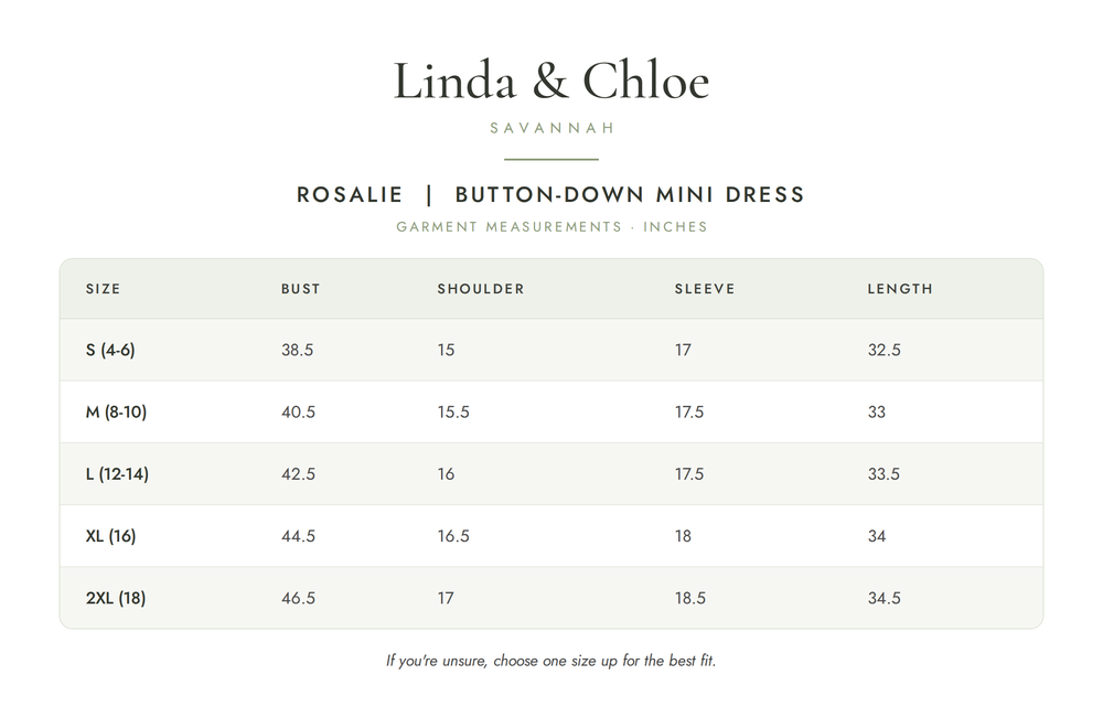 Rosalie | Button-Down Mini Dress Size Chart