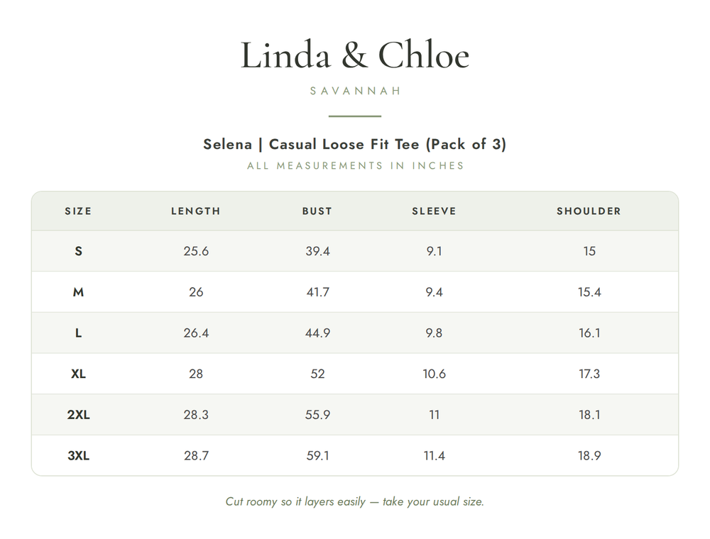 Selena | Casual Loose Fit Tee (Pack of 3) Size Chart