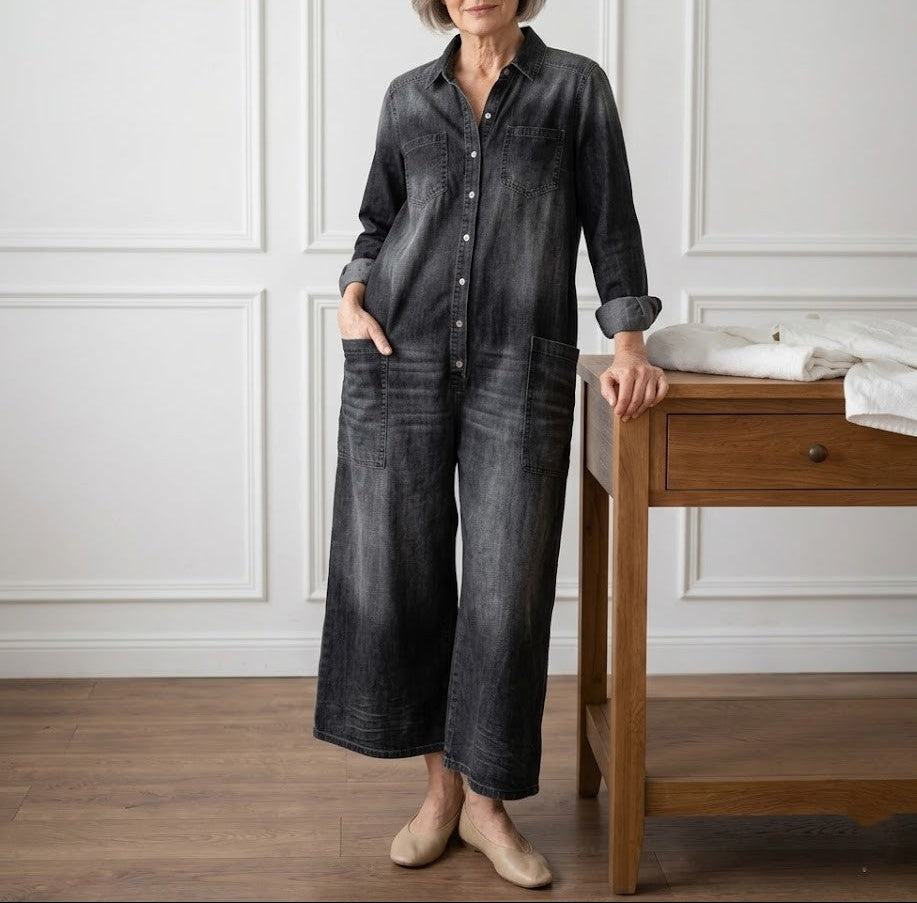 Willow | Vintage Washed Soft Cotton Denim Jumpsuit with Button Closure
